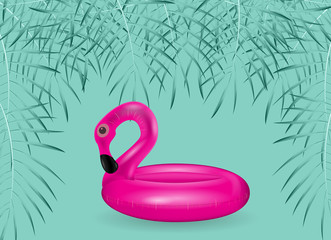 Inflatable circle for swimming and relaxing pink flamingos inflatable with palm leaves. Vector Illustration