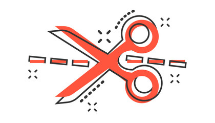 Vector cartoon scissors icon in comic style. Scissor sign illustration pictogram. Shear business splash effect concept.