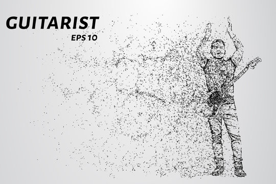 Particle guitarist. Guitarist applause over his head.