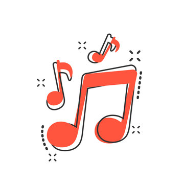 Vector cartoon music icon in comic style. Sound note sign illustration pictogram. Melody music business splash effect concept.