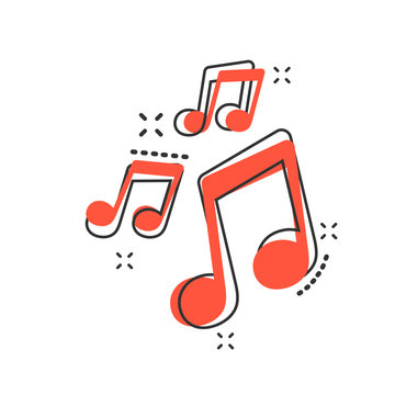 Vector cartoon music icon in comic style. Sound note sign illustration pictogram. Melody music business splash effect concept.