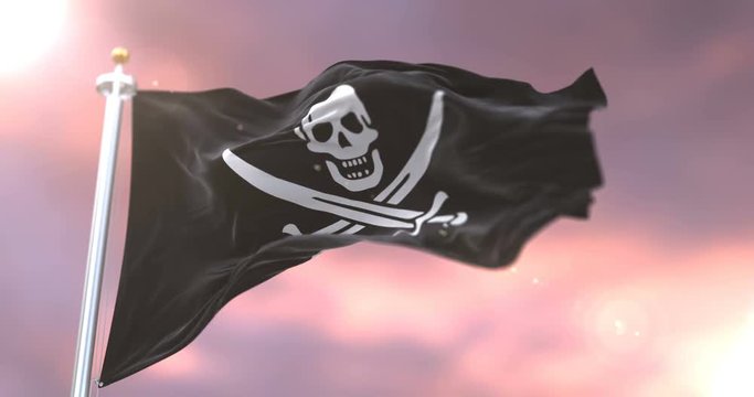 Pirate flag waving at wind in slow at sunset, loop