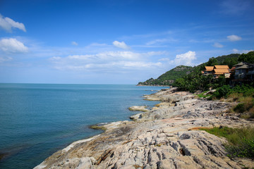 Ladkoh View Point by the sea, big rocky beach with beautiful beachfront villas in Chaweng, Koh Samui, Thailand.