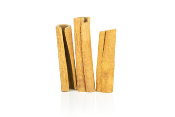 Group of three whole standing dry brown cinnamon stick isolated on white background