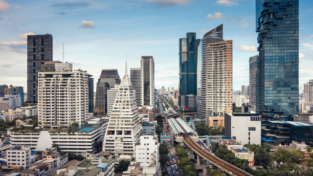Cityscape of Bangkok Urban City, Thailand, Business Downtown Financial Center and Transit Infrastructure of Capital City, Thailand. Real Estate Development and Public Transportation in Bangkok