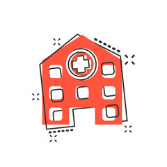 Vector cartoon hospital building icon in comic style. Infirmary medical clinic sign illustration pictogram. Health business splash effect concept.