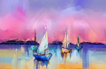 Buntes Ölgemälde auf Segeltuchbeschaffenheit. Impressionismusbild von Meerblickmalereien mit Sonnenlichthintergrund. Ölgemälde der modernen Kunst mit Boot, Segeln auf Meer. Abstrakte zeitgenössische Kunst für den Hintergrund © nongkran_ch