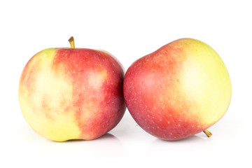 Group of two whole blushed fresh red apple james grieve variety isolated on white background