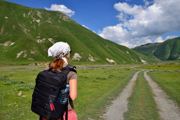 Woman on the Truso Gorge near the Kazbegi city