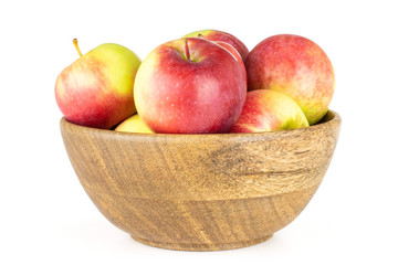 Fototapeta na wymiar Lot of whole fresh red apple james grieve variety with wooden bowl isolated on white background
