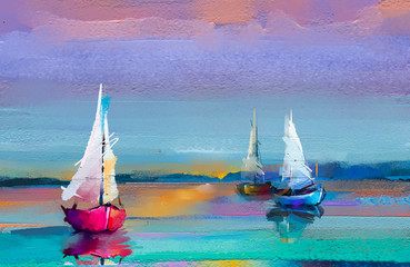 Plakaty  Kolorowy obraz olejny na płótnie tekstury. Obraz impresjonistyczny obrazów pejzażowych na tle światła słonecznego. Nowoczesne obrazy olejne z łodzią, żagiel po morzu. Abstrakcyjna sztuka współczesna na tle
