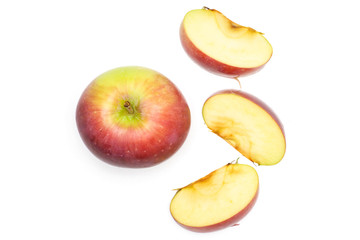 Group of one whole three slices of fresh red apple james grieve variety flatlay isolated on white background