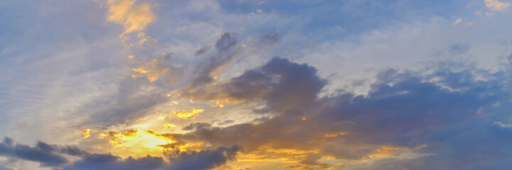 Vibrant panorama sunset sky on twilight time. Beautiful cirrus cloud. Panoramic image