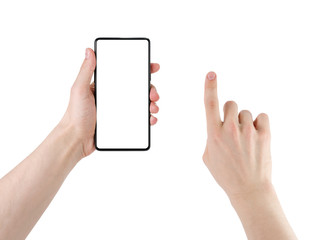 Young man hand holding bezel less smartphone with touch hand isolated on white