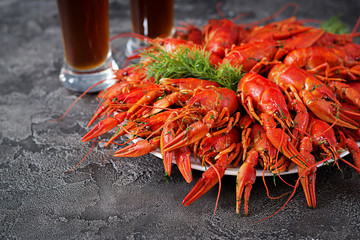 Crayfish. Red boiled crawfishes on table in rustic style, closeup. Lobster closeup. Border design