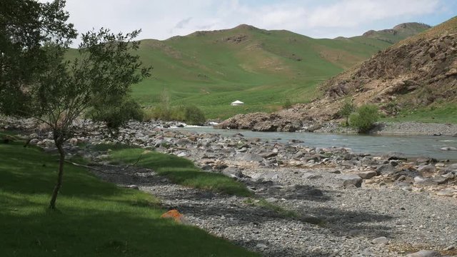 Orkhon river in Mongolia and a traditional yurt.