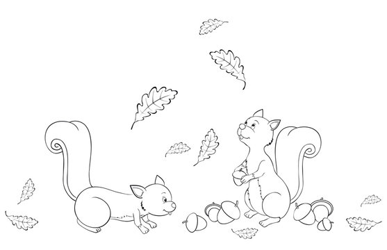 cute squirrels collecting acorns between oak leaves coloring page 