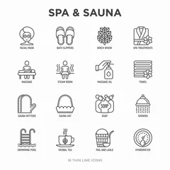 Poster Spa & sauna thin line icons set: massage oil, towels, steam room, shower, soap, pail and ladle, hygrometer, swimming pool, herbal tea, birch, whisk, spa treatments, facial mask. Vector illustration. © AlexBlogoodf
