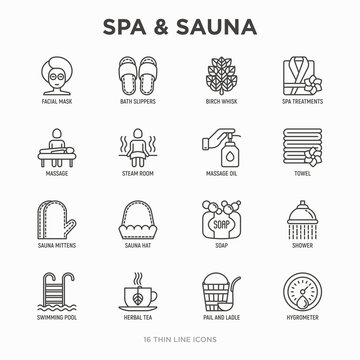 Spa & sauna thin line icons set: massage oil, towels, steam room, shower, soap, pail and ladle, hygrometer, swimming pool, herbal tea, birch, whisk, spa treatments, facial mask. Vector illustration.
