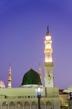 Masjid Al Nabawi or Nabawi Mosque (Mosque of the Prophet) at sunrise in Medina (City of Lights), Saudi Arabia.Nabawi mosque is Islam's second holiest mosque after Haram Mosque (in Mecca, Saudi Arabia)