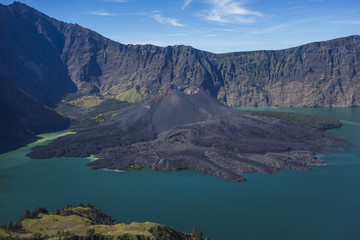 Mount Rinjani (3726m from sea level), Mount Barujari and Plawangan Sembalun in Lombok Island, Indonesia.