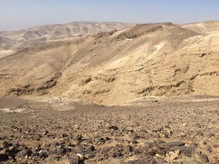 Rocky hills of the Negev desert. Panoramic landscape view of the Desert rock formation in the southern Israel.
