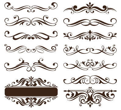 Vintage ornaments design elements floral curlicues white background curbs frame corners stickers illustration