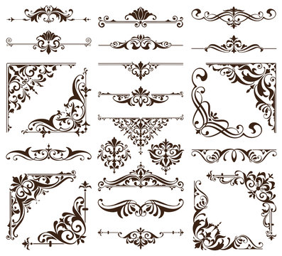 Vintage ornaments design elements floral curlicues white background curbs frame corners stickers illustration