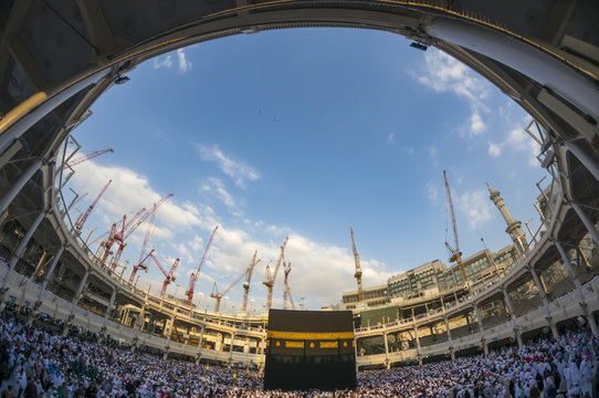 WIde angle view of Muslim pilgrims circumambulate the Kaaba counter-clockwise at Masjidil Haram in Makkah, Saudi Arabia.