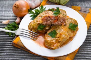 cabbage rolls on a wooden gray rustic background
