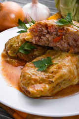 cabbage rolls on a wooden gray rustic background