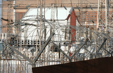 Barbed wire on the fence of thermal power station.