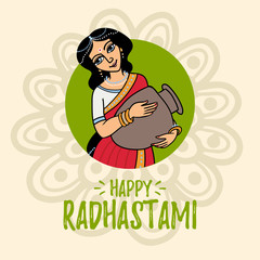 cartoon vector radhastami greeting card.  goddess Radha with pot in round frame
