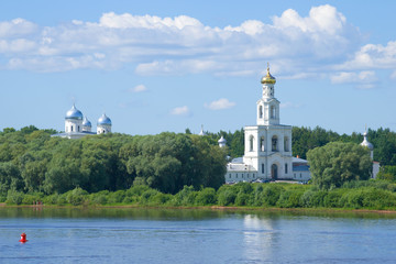 View of the bell tower of St. George Monastery on a sunny June day. Veliky Novgorod, Russia