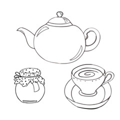 A tea set. Teapot and a mug painted lines on a white background. Vector sketch of dishes. Glass teapot, green tea