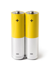 Close-up of two AA batteries, isolated on white background