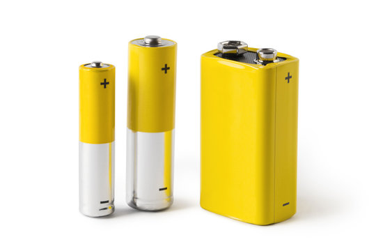 Three batteries (AAA, AA and PP3), isolated on white background