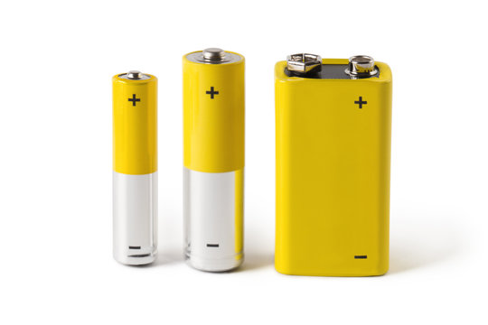 Three batteries (AAA, AA and PP3), isolated on white background