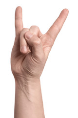 Hand making horns showing rock n' roll sign, isolated on white background