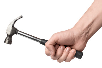 A hand with a hammer, isolated on white background