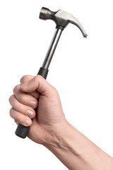A hand with a hammer, isolated on white background