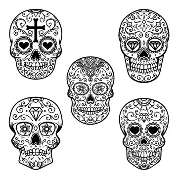 Set of sugar skull isolated on white background. Day of the dead. Dia de los muertos. Design element for poster, card, banner, print.