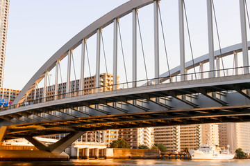 Landscapes of bridge at sumida river viewpoint and bridge to see boats in tokyo