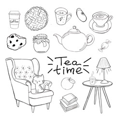 Cozy room, tea time Vector outlined set. Cozy home things like tea, cat, chair, pillows, books, apple pie and other Danish happiness concept