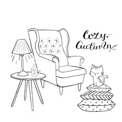 Cozy room, tea time Vector outlined set. Cozy home things like tea, cat, chair, pillows, books, apple pie and other Danish happiness concept