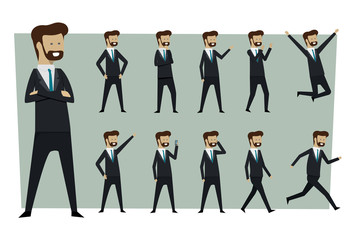 Set of businessman in suit and standing poses with isolated background. illustration vector