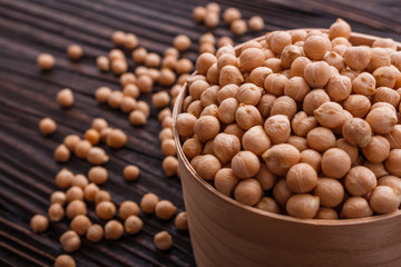 uncooked chickpeas on a wooden rustic background