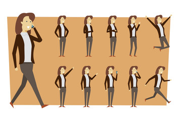 Set of businesswoman in suit and standing poses with isolated background. illustration vector