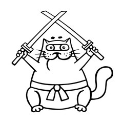 Fat ninja cat with two crossed swords. Vector illustration.