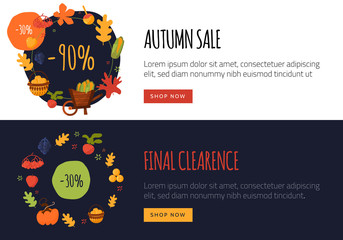 Set of flat autumn sale banners with fall objects and symbols beetroot, corn, carrot. Seasonal promotion
